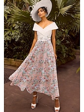 abordables Robes de cocktail-Robe cocktail en satin rose floral ligne A brodée robe élégante invitée de mariage longueur cheville manches courtes épaule dénudée ornée de sequins avec robes pailletées