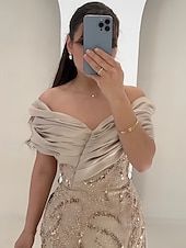 preiswerte Sekt-A-Linien Abendgarderobe Elegantes Kleid Formelles Hochzeitsbodenlanges Kurzarm Off-Shoulder Satin mit Glitzer Raffung Kristalle