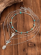 cheap Women&#039;s Necklace-Women&#039;s Western Layered Turquoise Beaded Necklace Set – Boho Statement Jewelry with Cactus &amp; Teardrop Charms, Ideal for Festivals, Country Concerts and Casual Wear