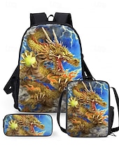 ieftine Rucsaci pentru copii și adolescenți-Set rucsac bărbătesc format din 3 piese cu dragon și imprimeu cu flăcări - ghiozdan școlar rezistent, geantă de prânz izolată și geantă pentru pixuri pentru adolescenți iubitori de întoarcerea la școală și stil fantasy, Kayomi Harai