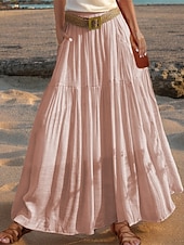 abordables concevoir des robes en coton et lin-Femmes Taille Asiatique Évasé Jupes en lin Occasionnel Été Midi Taille haute Jupes Couleur Unie Froncé Plissé Avec Poches Élastique Vacances Quotidien Vin Rouge pastèque Moutarde verte couleur orange