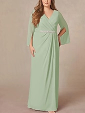 preiswerte Bodenlänge-A-Linie Brautmutterkleid Hochzeitsgast Elegant V Ausschnitt Bodenlang Chiffon Spitze Langarm mit Falten Perlenstickerei Raffung 2025