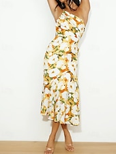 abordables Robes Floraux Imprimés-Femmes Robe Midi Robe Fleurie Robe Imprimée Mode Moderne Extérieur Vacances Week-end Coupe régulière Fleur Sans manches Une Épaule Jaune Bleu Violet Orange Été