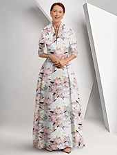 tanie Długość podłogi-Sukienka matki panny młodej w stylu A-line elegancki nadruk kwiatowy królowa Anna długość do ziemi satynowe rękaw 3/4 z sukienką na dzień wyścigów sukienka dla gości weselnych