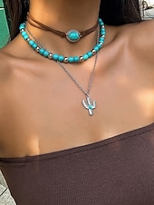 cheap Women&#039;s Necklace-Women&#039;s Western Layered Turquoise Beaded Necklace Set – Boho Statement Jewelry with Cactus &amp; Teardrop Charms, Ideal for Festivals, Country Concerts and Casual Wear