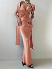 cheap BLUE-2-in-1 Dress Cape Dress Mermaid / Trumpet Evening Gown Elegant Dress Formal Semi Formal Dress Wedding Floor Length Sleeveless V Neck Satin Backless with Bow(s) Pleats Slit