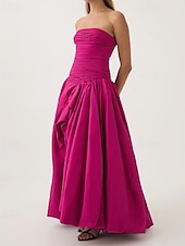 preiswerte Abendkleider-Pinkes A-Linien-Abendkleid, Bubble-Kleid, formelles, halbformelles Hochzeitskleid, bodenlang, ärmellos, trägerlos, Taft mit gerüschtem Schlitz, 2025