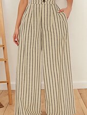 baratos Calça de linho de algodão gráfico-Mulheres Calças de linho de algodão Calças Moda Roupa de rua Comprimento total Natural Listrado Bolsos Cintura elástica Confortável Ao ar livre Rua cáqui Verão Normal