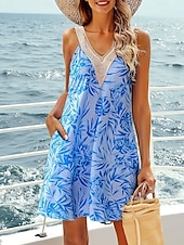 ieftine Rochii casual florale-Pentru femei Rochie Mini Rochie A line Rochie Slip Vacanță Casual Stiluri de Plajă Fără mâneci Concediu Dată Plajă Fit regulat Grafic Fără manșon În V apa albastra Negru Verde Deschis Roșu-aprins Vară