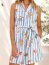 abordables concevoir des robes en coton et lin-Femmes Mini Robe Robes en coton et lin Robe Décontractée Mode Extérieur Soirée Fête Coupe régulière Rayé Tropical Manche Courte Col de chemise Bleu Beige Été