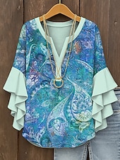 levne Dámské boho topy-Dámské Halenka Grafika Kašmírový vzor Elegantní Čechy Geleneksel 3/4 délka rukávu Do V Běžné topy Denní Dovolená Oblečení na dovolenou Volány Tisk Rubínově červená Vodní modrá Fialová Oranžov