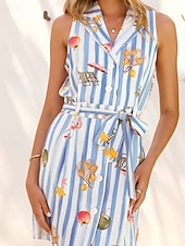 abordables concevoir des robes en coton et lin-Femmes Mini Robe Robes en coton et lin Robe Décontractée Mode Extérieur Soirée Fête Coupe régulière Rayé Tropical Manche Courte Col de chemise Bleu Beige Été