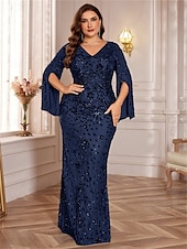 economico VERDE-Abiti Plus Size Sirena  Tromba Elegante Abito Curvilineo Formale Matrimonio Lunghezza Piena a Manica Lunga con Scollatura a V in Paillettes con Paillettes