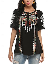 billige Blomster t-skjorte-Dame Boho skjorte Blomstret Fritid Kortermet 3/4-ermer Crew-hals Vanlige topper Arbeid Daglig Ut på byen Broderi Svart Sommer