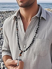 Недорогие Мужские украшения-мужское ожерелье с крестом из черного лавового камня и тигрового глаза – духовное ожерелье из нержавеющей стали с бусинами регулируемой длины, идеальный подарок на день отца для повседневной и религиозной носки