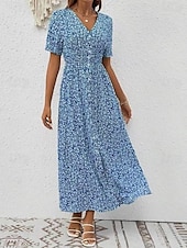 abordables Robes fleuries-Femmes Robe maxi Robe trapèze Occasionnel Extérieur Sortir Coupe régulière Fleuri Manche Courte Col en V Bleu Vert Été