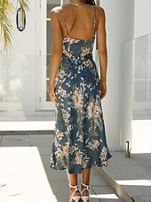 cheap Print Floral Dresses-Women&#039;s Midi Dress Floral Dress Boho Dress Print Dress Fashion Classic Outdoor Vacation Holiday Regular Fit Flower Sleeveless Spaghetti Strap Pink Navy Blue Orange Summer