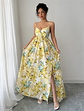 olcso Koktélruhák-Ásványvonalú quinceanera ruhák Elegáns ruha formális esküvő földig érő ujjatlan V nyakú poliészter hátul nyitott virágmintás esküvői vendég ruha
