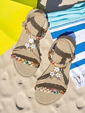 olcso Nyári szandálok-női virágmintás fonott lapos talpú szandál – bohém stílusú nyári cipők százszorszép bájjal strandra, nyaralásra és hétköznapi viseletre