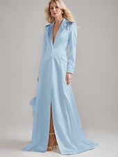 preiswerte Bodenlänge-Blazer Kleid A-Linie Brautmutterkleid Smokingkleid Elegant Einfach Luxuriös V-Ausschnitt Mit Revers Bodenlang Satin Langarm mit Falten