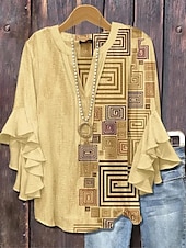 preiswerte Damen Urlaub Oberteile-Damenbluse V-Ausschnitt Grafik Geometrisch Bohemia Vintage Täglich 3/4 Länge Ärmel Regelmäßige Oberteile Täglicher Urlaub Ferien Kleidung Druck Schwarz Weiß Gelb Grün Khaki Sommer Frühling Herbst