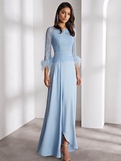 cheap BLUE-Blue A-Line Evening Gown Elegant Dress Formal Wedding Floor Length Long Sleeve Crew Neck Chiffon with Feather Ruffles 2025