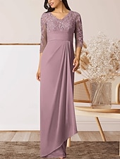preiswerte Bodenlänge-Säule  Kolonne Mutter der Braut Kleid Hochzeitsgast Elegantes Hoher Schlitz V-Ausschnitt Bodenlanges Chiffon 3/4 Länge Ärmel mit Rüschenapplikationen Raffung