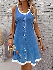 preiswerte Blumenkleider-Damen Minikleid Sommerkleid A Linie Kleid Urlaub Lässig Täglich Normale Passform Blumen Grafik Ärmellos U-Ausschnitt Blau Dunkelblau Sommer