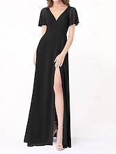 economico Abiti da damigella-Abito A-Line Damigella d&#039;Onore V Collo Manica Corta Elegante Lunghezza del Pavimento Chiffon con Fessura Frontale/Ruching