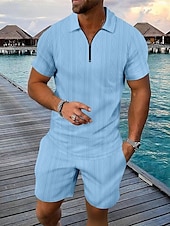cheap Vacation-Men&#039;s Quarter Zip Polo Golf Shirt Daily Holiday Lapel Short Sleeve Fashion Basic Plain 2 Piece Jacquard Summer Regular Fit Black White Blue Khaki Army Green Gray Quarter Zip Polo