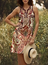 cheap Boho Dress-Women&#039;s Mini Dress Sundress A Line Dress Summer Dress Off The Shoulder Dress Casual Holiday Beach Regular Fit Graphic Paisley Bohemian Sleeveless V Neck Light Yellow Red Blue Purple Summer Spring