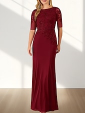 voordelige Vloerlengte-Zeemeermin  Trompet Moeder Van De Bruid Jurk Bruiloft Gast Elegante Crew Hals Vloerlengte Chiffon Halve Mouw Met Applicaties