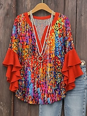 preiswerte Damen Kunst- und Design-Oberteile-Damen Bluse mit gestuften Rüschensäumen Grafik Geometrisch Abstrakt Täglich Stilvoll Lässig 3/4-Ärmel V-Ausschnitt Reguläre Oberteile Tägliches Urlaubsbekleidung Druck Pink Rot Blau Lila Sommer