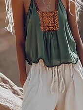 abordables Tops bohèmes-Femmes Chemise Bohème Chemisier Fleur Moderne Occasionnel Boho Sans manches Col en V Hauts Réguliers Fête Sortir Imprimé Vert Été