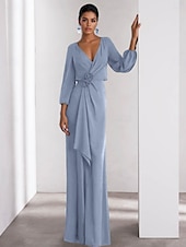 economico VERDE-Linea ad A Abito da Sera Elegante Vestito Formale Matrimonio Lunghezza al pavimento Manica Lunga Scollo a V Crepe Elasticizzato con Volant 2025