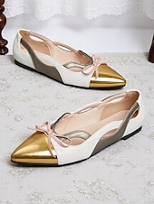 abordables Années 1950-Ballerines vintage à bout pointu pour femme des années 1950 – bout renforcé doré métallisé, détail nœud rose, design découpé élégant, ballerines rétro chic pour le bureau et les fêtes