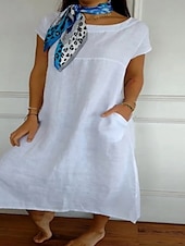 economico disegnare abiti in cotone e lino-Per donna Abito Midi Vestito Casual Abito in cotone e lino Moda Classico All&#039;aperto Ferie Uscire Vestibilità regolare Semplice Manica Corta Girocollo Nero Bianco Cachi Estate
