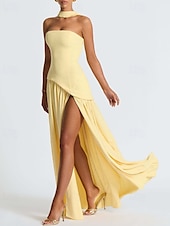 preiswerte Abschlusskleider-Damen Langes Kleid Maxikleid Weißes Kleid Abschlusskleid Partykleid Mode Party Abendgesellschaft Ausgehen Normale Passform Einfach Ärmellos Trägerlos Weiß Gelb Wein Marineblau Sommer