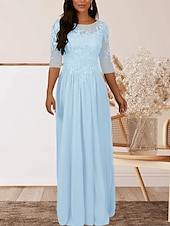 baratos Comprimento do chão-Vestido para Mãe da Noiva em A Convidada de Casamento Elegante Decote Redondo Comprimento até o Chão Chiffon Manga Curta com Pregas e Apliques