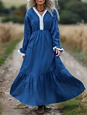 halpa Boho-mekot-Naisten Pitkä mekko Maxi mekko Boho-mekko Länsimainen mekko Muoti Moderni Loma Pyhäpäivä Bile Normaali Väripalikka Pitkähihainen V kaula-aukko Sininen Kesä