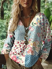 abordables Tops Boho pour Femmes-Femmes Chemisier Fleuri Graphique Paisley Bohème ancien Tropical Manche 3/4 Col en V Hauts Réguliers Froncé Broderie Imprimé Rose Claire Bleu Violet Vert Été Printemps