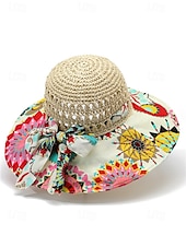 cheap Women&#039;s Hats-Women&#039;s Wide Brim Straw Sun Hat with Colorful Ethnic Print Bow – Boho Style Foldable Beach Hat for Summer Travel and Vacation