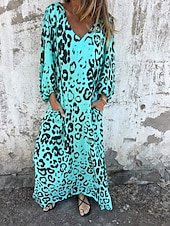 preiswerte Kleider für die Ferien-Damen Maxikleid A Linie Kleid Lässig Outdoor Ausgehen Normale Passform Leopard Langarm V Ausschnitt Weiß Himmelblau Dunkelgrün Grün Sommer