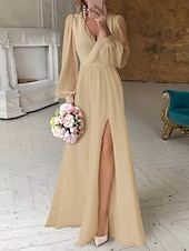 economico abiti da sposa casual-Ricevimento di matrimonio in spiaggia piccoli abiti bianchi abiti da sposa A-Line scollo a V maniche lunghe lunghezza a terra abiti da sposa in chiffon con arricciature 2025