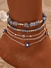 billiga Damarmband-fotlänksset i turkos och guld för kvinnor | strandinspirerade fotlänkar med onda ögonberlocker och stendetaljer | perfekt för sommar-, bohemisk och semesterstil