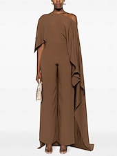 cheap Mom&#039;s Jumpsuits-Jumpsuit Mother of the Bride Dress Elegant Simple Casual One Shoulder Floor Length Spandex Stretch Fabric Sleeveless with Cascading Ruffles Solid Color