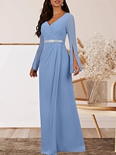 preiswerte Bodenlänge-A-Linie Brautmutterkleid Hochzeitsgast Elegant V Ausschnitt Bodenlang Chiffon Langarm mit Kristalle Raffung 2025
