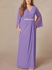 preiswerte Bodenlänge-A-Linie Brautmutterkleid Hochzeitsgast Elegant V Ausschnitt Bodenlang Chiffon Spitze Langarm mit Falten Perlenstickerei Raffung 2025