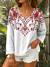 billige Kvinne Boho Topper-Dame Bluse Blomstret Grafisk Geometrisk Stilfull Fritid Langermet V-hals Vanlige topper Daglig Rød Blå Grønn Sommer Vår