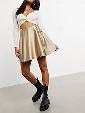 abordables Jupes unies-Jupe femme A ligne Couleur unie Mode Décontractée Mini Jupe taille haute Uni Plissé Micro-élastique Street Daily Noir Champagne Marron Vert Été Satin